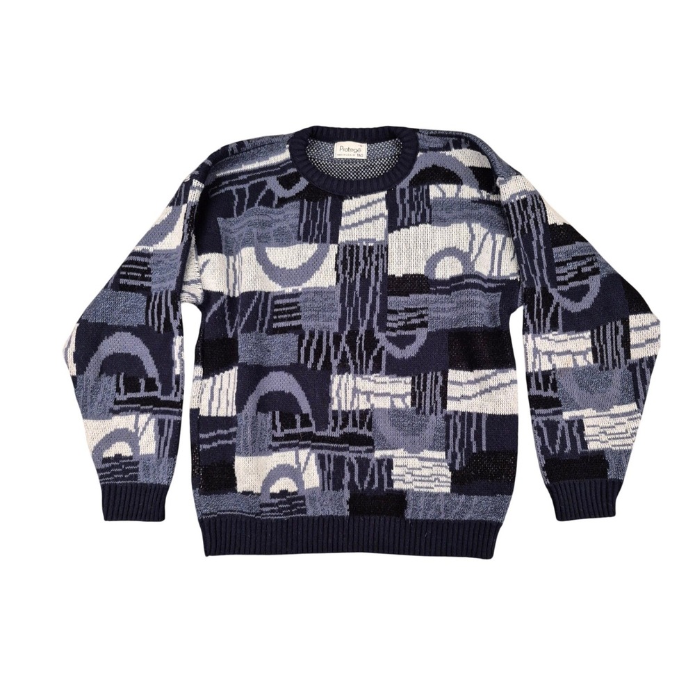 Protege Mens Small Geometric Abstract‎ Knit Crewneck Sweater Navy Blue USA VTG